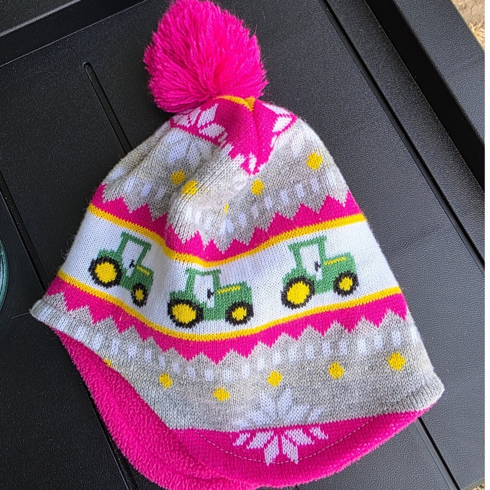 John Deere Beanie Toddler One Size Pink Tractor Fair Isle Fleece Lined Pom Hat